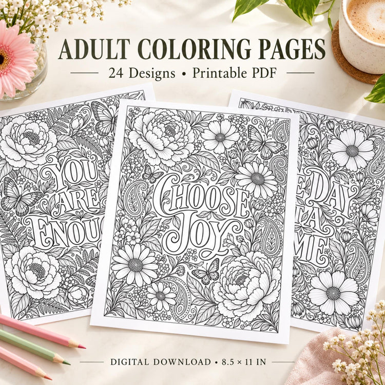 Adult Floral Coloring Pages, 24 Affirmation Designs, Self-Care PDF (Digital Download)