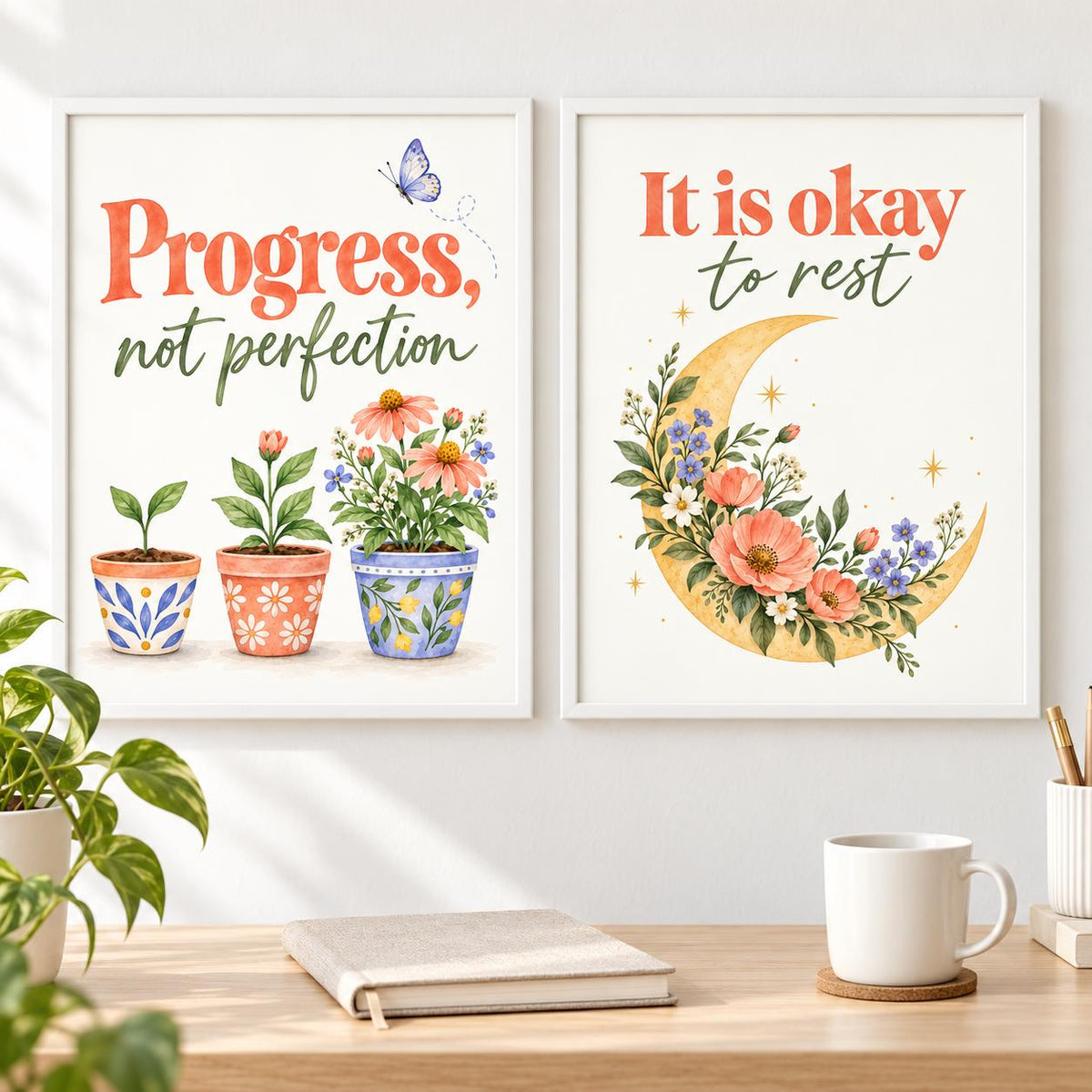 Mental Health Wall Art Set, Floral Encouragement Prints (Digital Download)