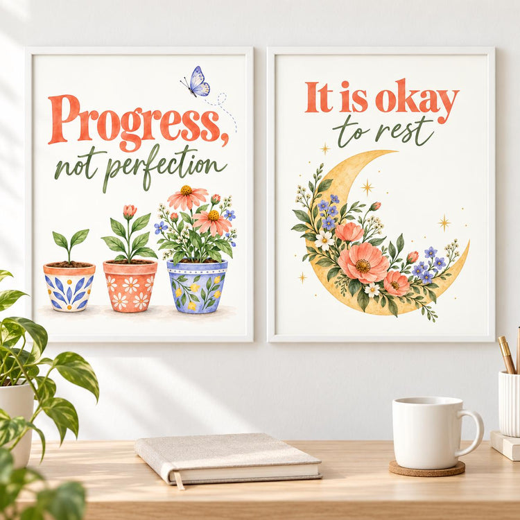 Mental Health Wall Art Set, Floral Encouragement Prints (Digital Download)