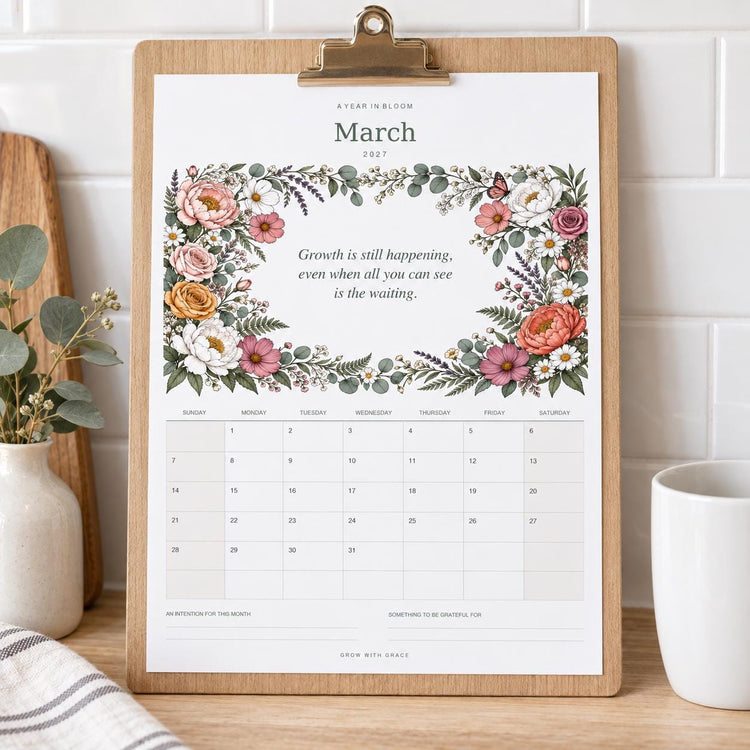 2027 Floral Wall Calendar Printable, 12 Month Digital Download PDF, Boho Flower Wall Art