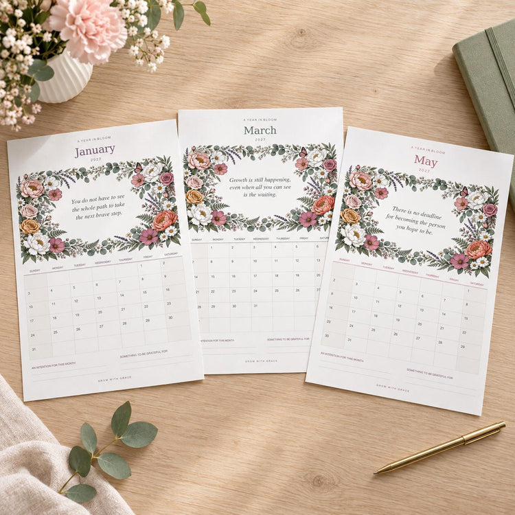 2027 Floral Wall Calendar Printable, 12 Month Digital Download PDF, Boho Flower Wall Art