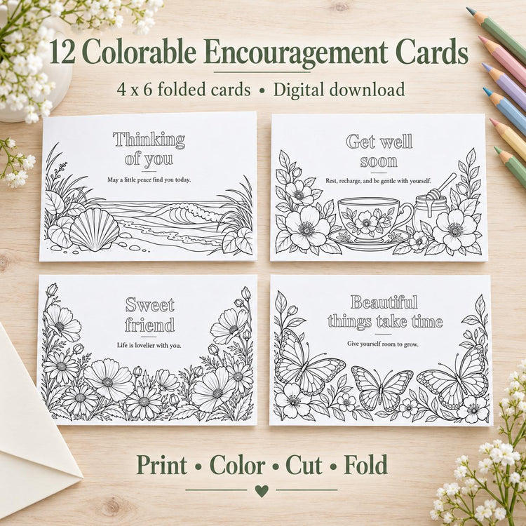 12 Printable Encouragement Cards, Watercolor Get Well Soon and Friendship Cards, Instant Download PDF