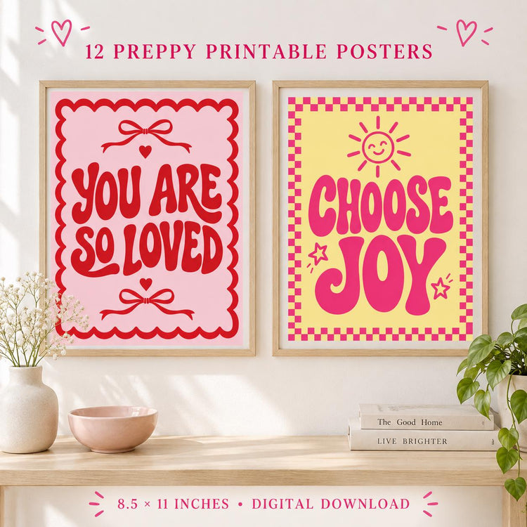 Preppy Affirmation Poster Set of 12, Colorful Motivational Wall Art, 8.5x11 Printable Digital Download