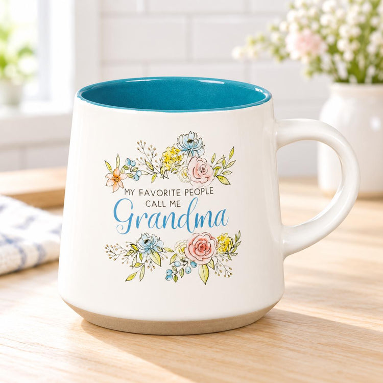 Floral Grandma Mug, Teal Interior, Pastel Flowers, Gift for Grandmother