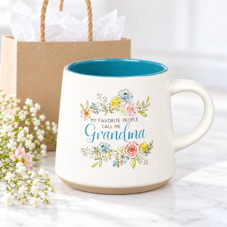 Floral Grandma Mug, Teal Interior, Pastel Flowers, Gift for Grandmother