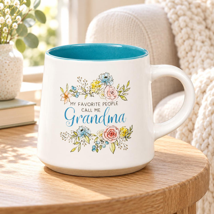 Floral Grandma Mug, Teal Interior, Pastel Flowers, Gift for Grandmother