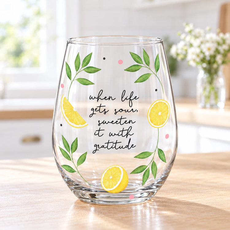 Lemon Stemless Wine Glass with Gratitude Quote, Encouragement Gift for Friend, Citrus Drinking Glass
