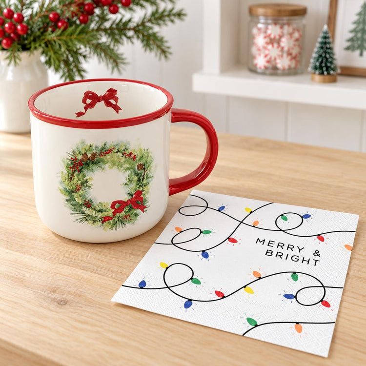 Christmas Wreath Mug, Red Bow, Merry & Bright Napkins (Holiday Set)