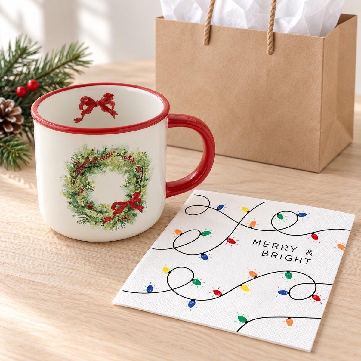 Christmas Wreath Mug, Red Bow, Merry & Bright Napkins (Holiday Set)