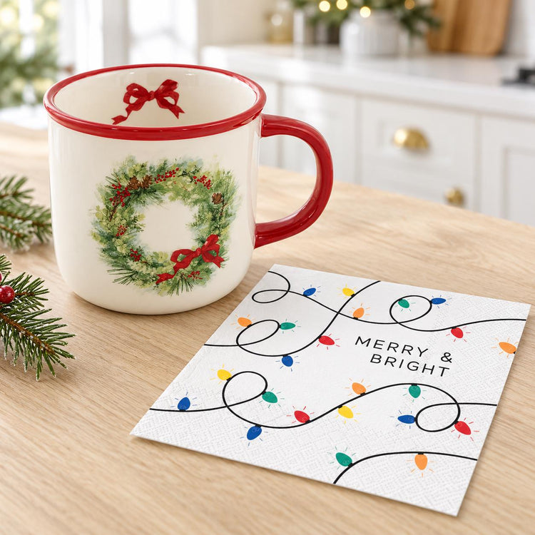 Christmas Wreath Mug, Red Bow, Merry & Bright Napkins (Holiday Set)