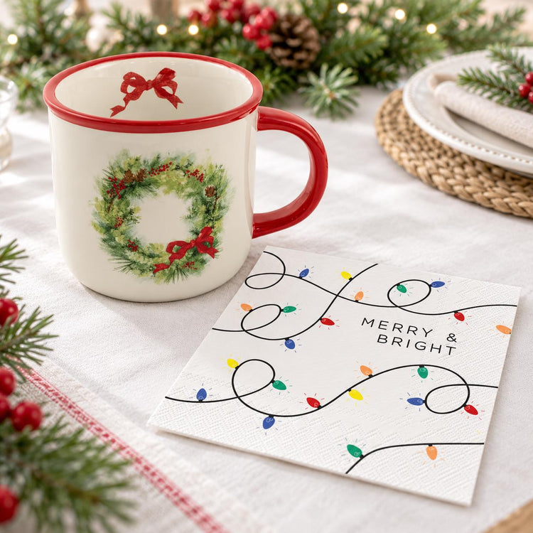 Christmas Wreath Mug, Red Bow, Merry & Bright Napkins (Holiday Set)