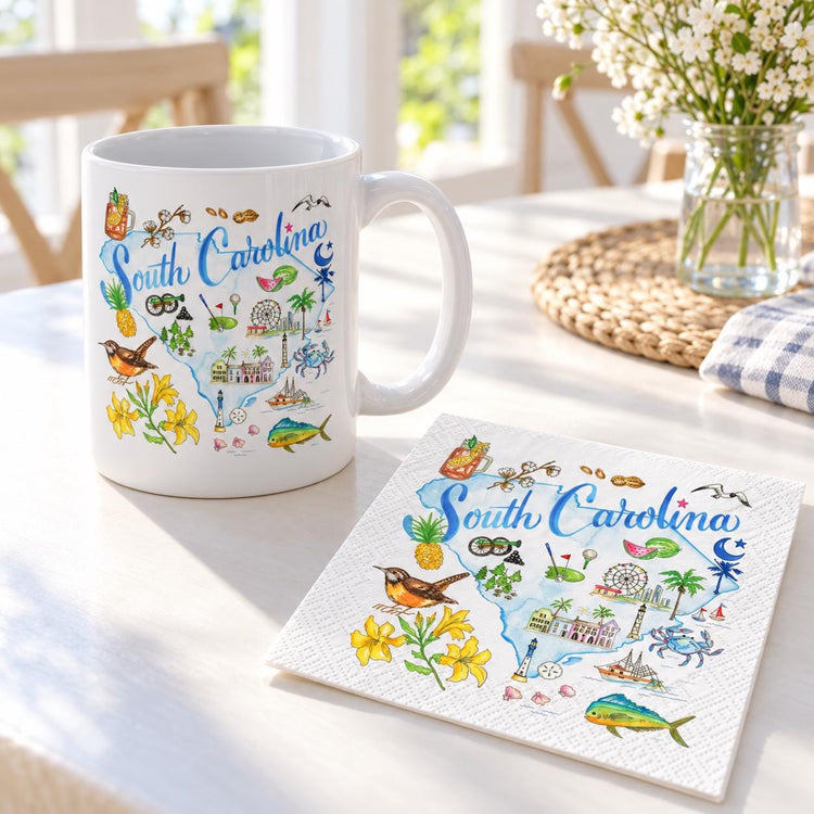 South Carolina Watercolor Map Mug and Napkin Set, Coastal Scene Gift