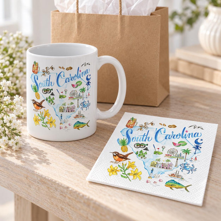 South Carolina Watercolor Map Mug and Napkin Set, Coastal Scene Gift