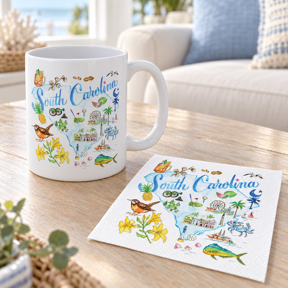 South Carolina Watercolor Map Mug and Napkin Set, Coastal Scene Gift