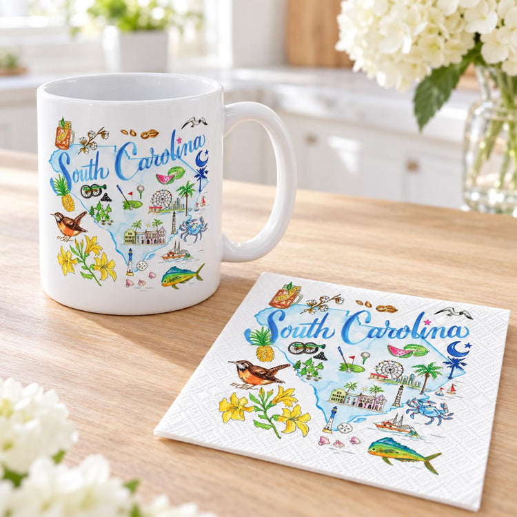 South Carolina Watercolor Map Mug and Napkin Set, Coastal Scene Gift
