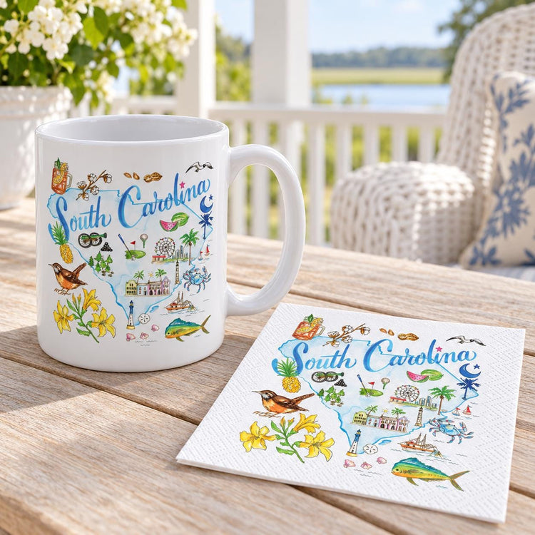 South Carolina Watercolor Map Mug and Napkin Set, Coastal Scene Gift