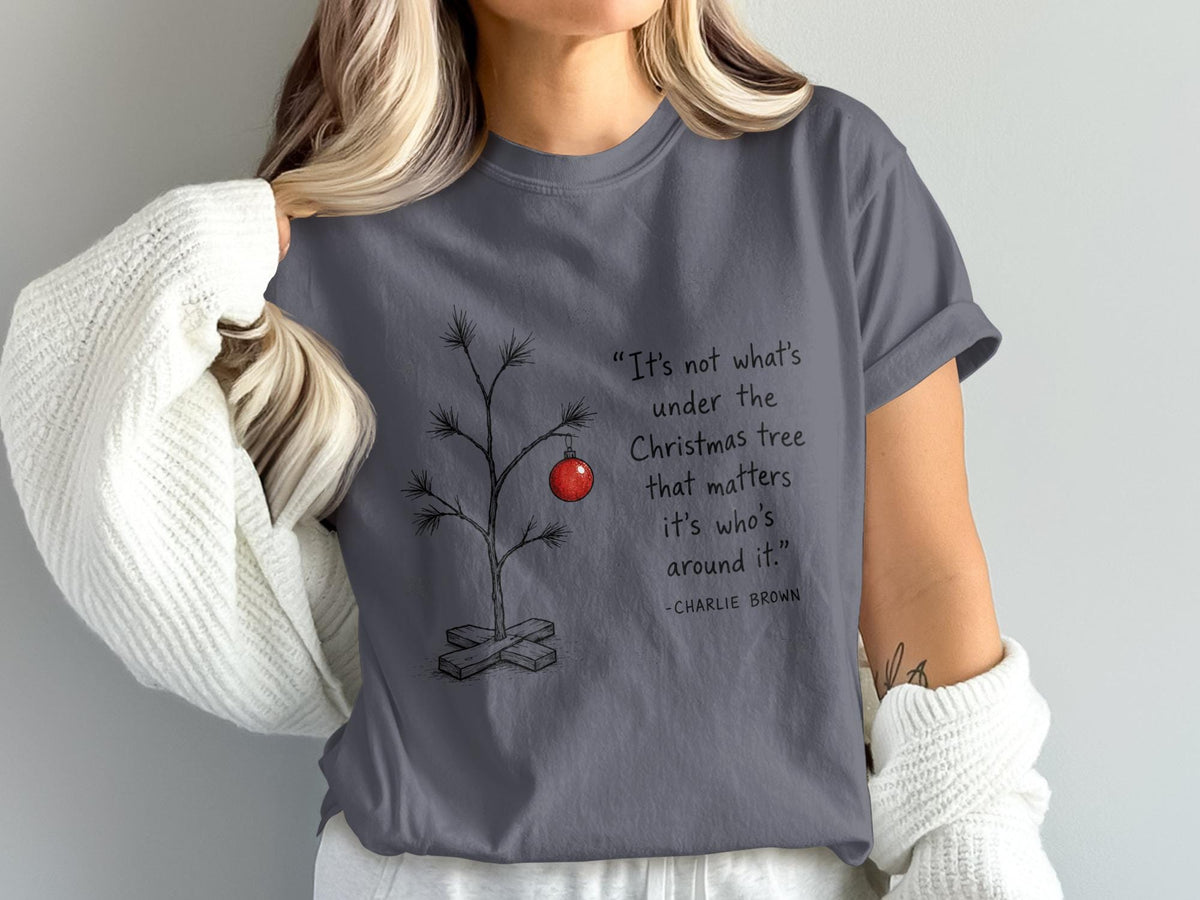 Charlie Brown Christmas tree quote on a grey t-shirt.
