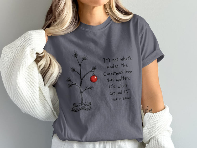 Charlie Brown Christmas tree quote on a grey t-shirt.