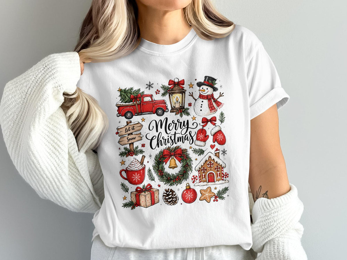 White t-shirt with "Merry Christmas" text surrounded by festive holiday graphics.
