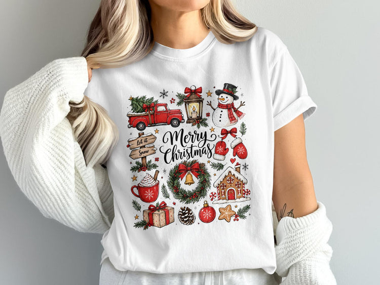 White t-shirt with "Merry Christmas" text surrounded by festive holiday graphics.
