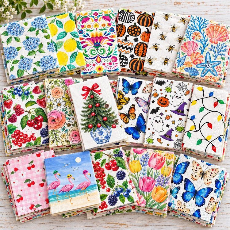 40-Piece Decoupage Napkin Variety Pack, Floral, Christmas, Halloween, Animal, Fruit Themes