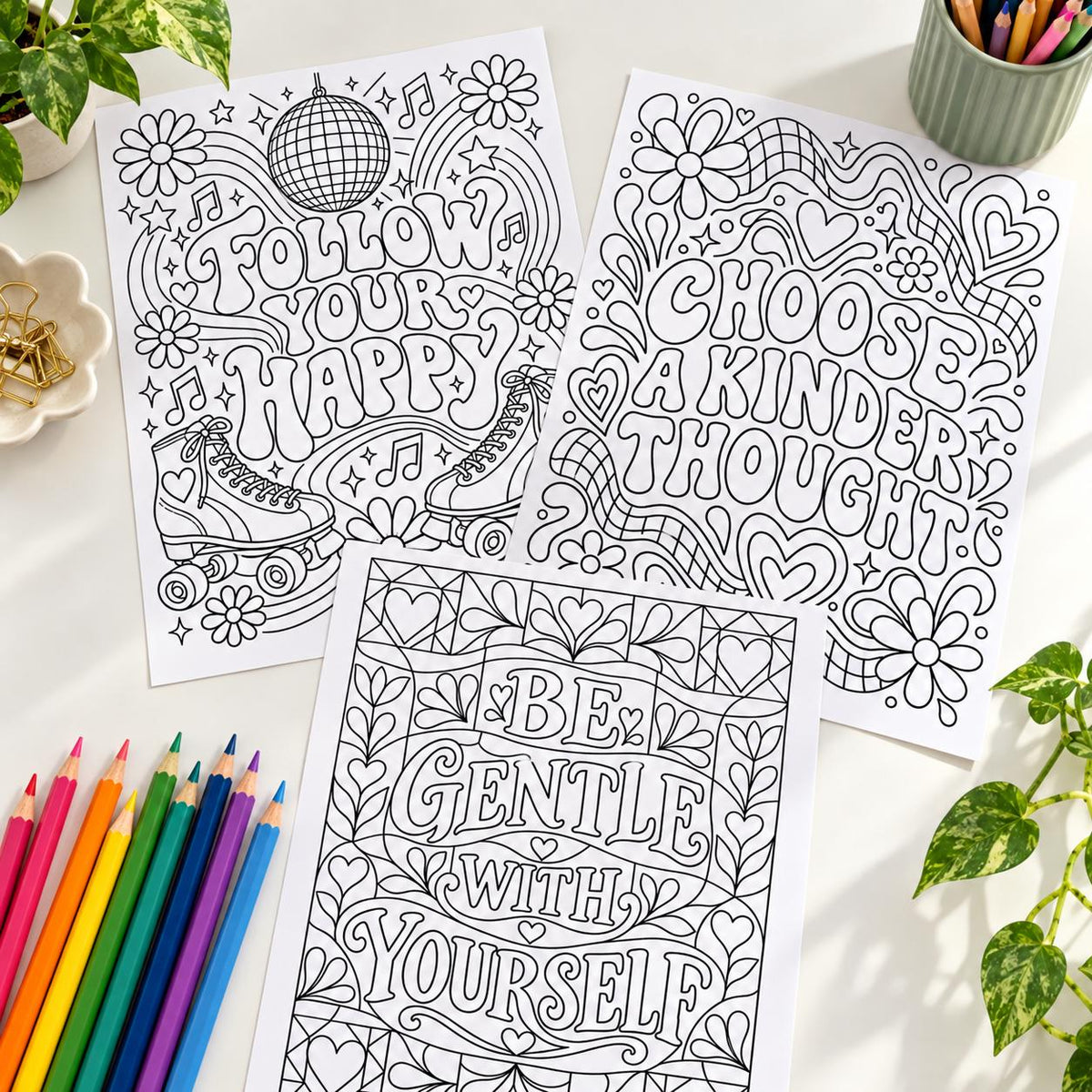 Motivational Coloring Pages for Adults, 24 Floral Doodle Designs, Printable PDF, Instant Download