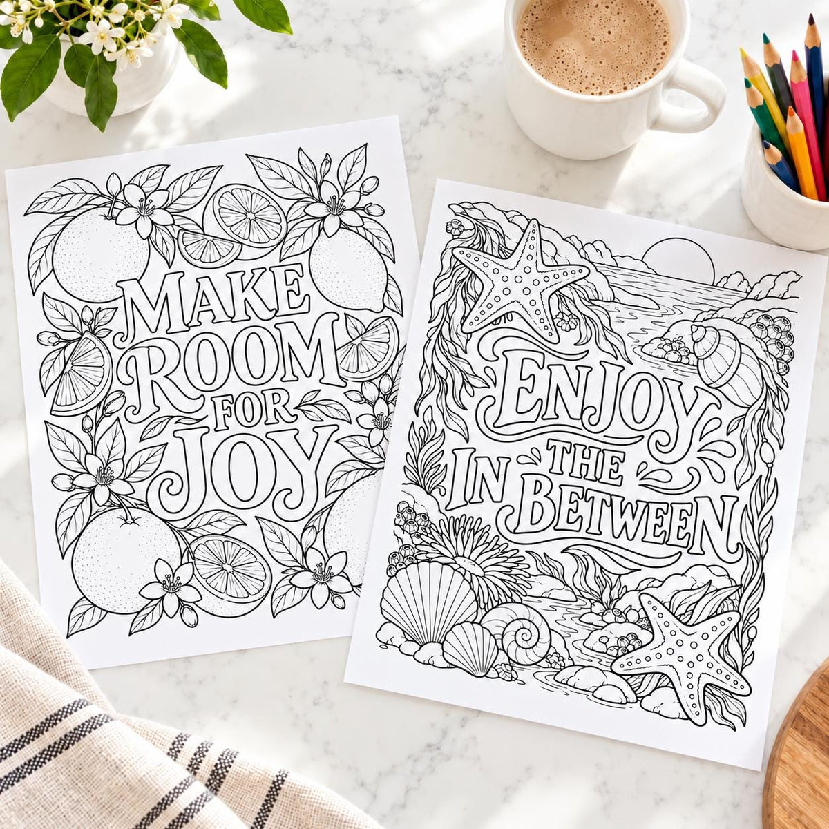 Motivational Coloring Pages for Adults, 24 Floral Doodle Designs, Printable PDF, Instant Download