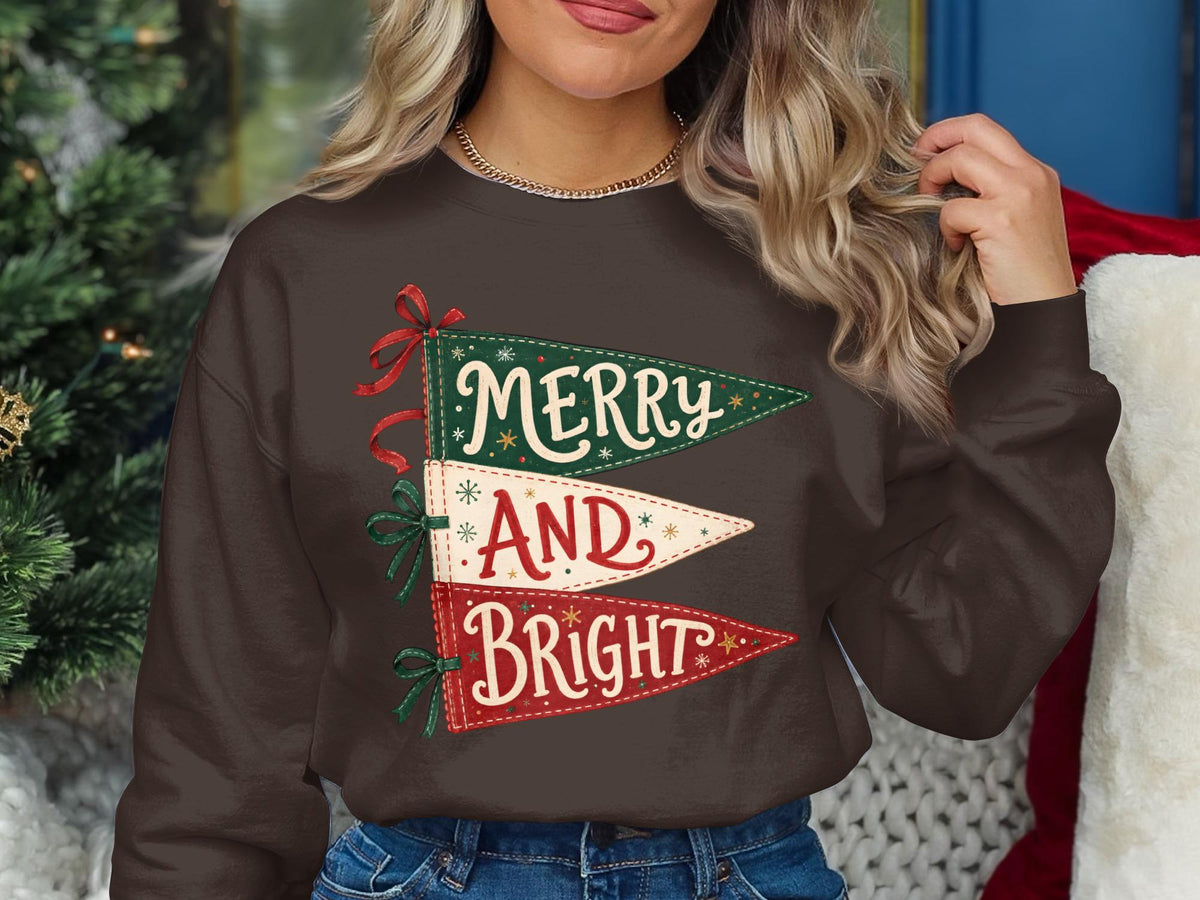 Brown sweatshirt with three pennants reading "Merry," "And," and "Bright."