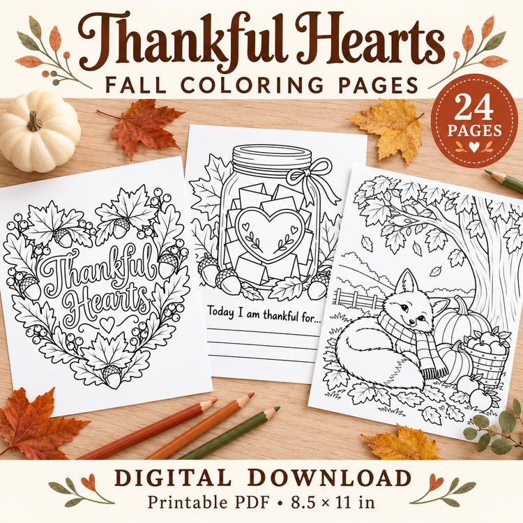 Thanksgiving Coloring Pages Printable, 24 Thankful Hearts Fall Designs, Gratitude Activity PDF