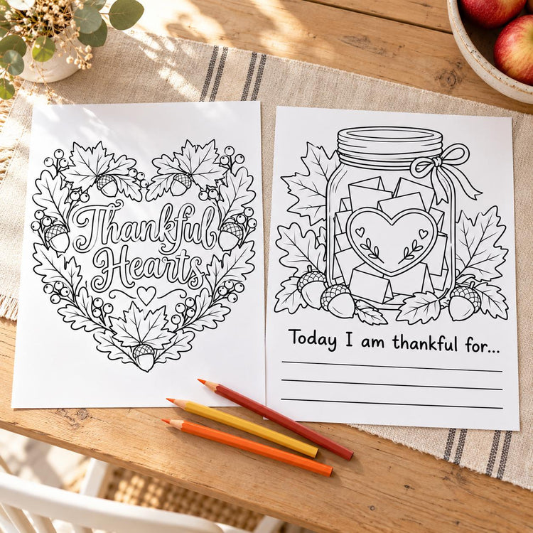 Thanksgiving Coloring Pages Printable, 24 Thankful Hearts Fall Designs, Gratitude Activity PDF