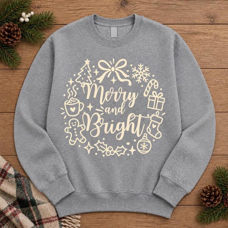 Merry and Bright Christmas Wreath Sweatshirt, Crewneck Holiday Sweater for Women