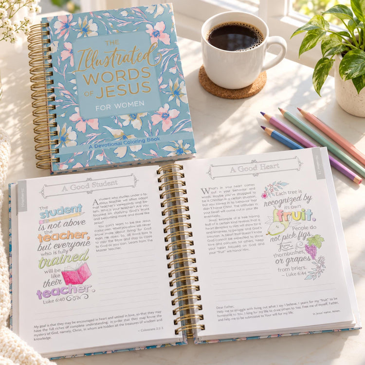 Devotional Coloring Book for Women, Illustrated Words of Jesus, Blue Floral Spiral Bound Book