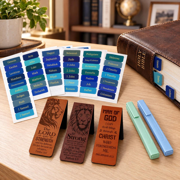 Men's Bible Study Set, Blue Teal Tabs, Scripture Bookmarks, Highlighters (Gift for Him)