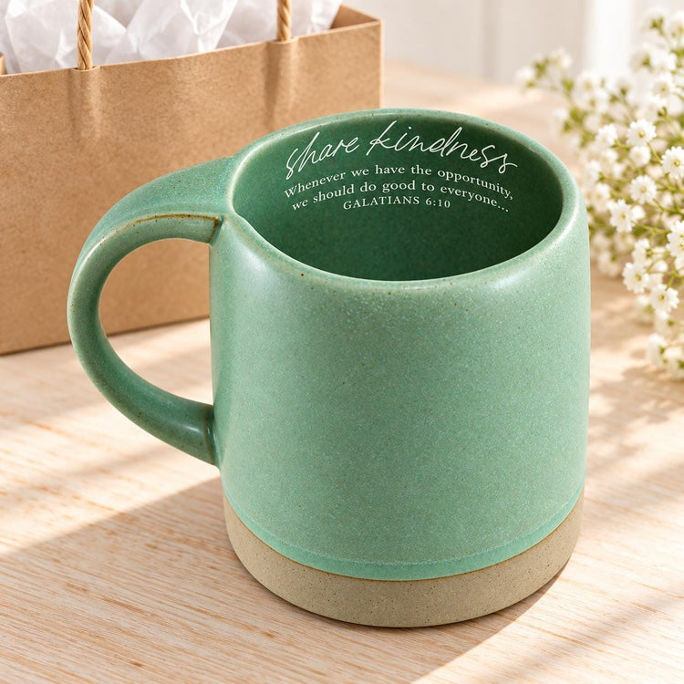 Share Kindness Scripture Mug, Sage Green Coffee Cup, Galatians 6:10, Christian Encouragement Gift