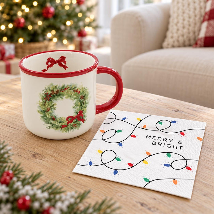 Christmas Wreath Mug, Red Bow, Merry & Bright Napkins (Holiday Set)