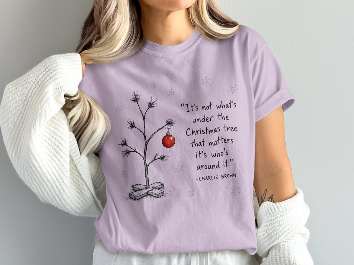 Lilac t-shirt with Charlie Brown quote about the Christmas tree.
