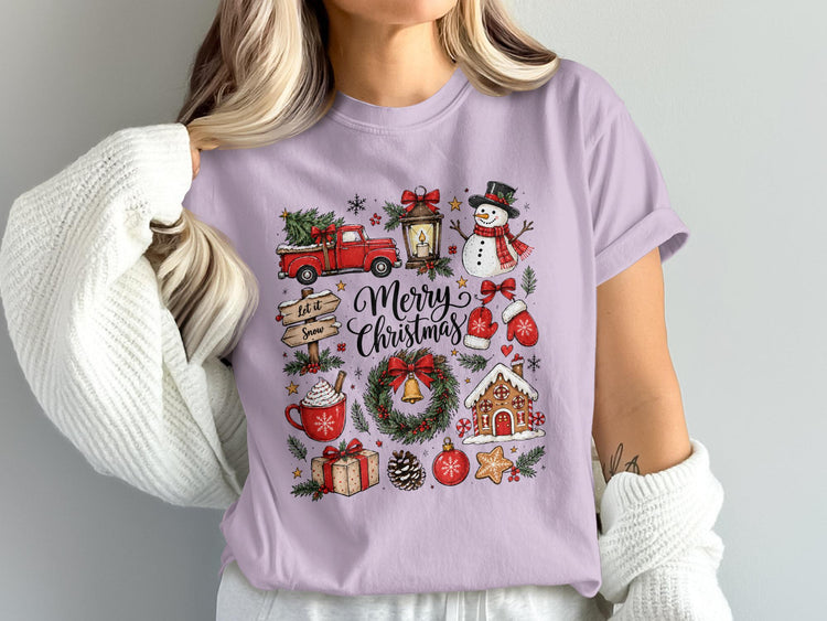 Christmas graphic with truck, snowman, gingerbread house, and "Merry Christmas" text.