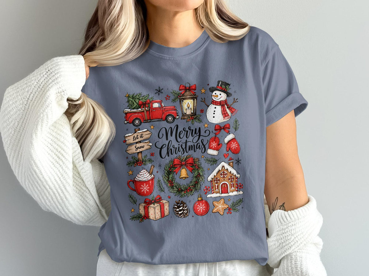 Christmas themed graphic with truck, snowman, gingerbread, hot cocoa, and "Merry Christmas" text.