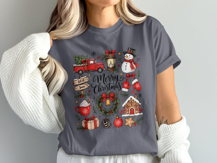 "Merry Christmas" text with festive holiday icons including a red truck, snowman, and gingerbread house.