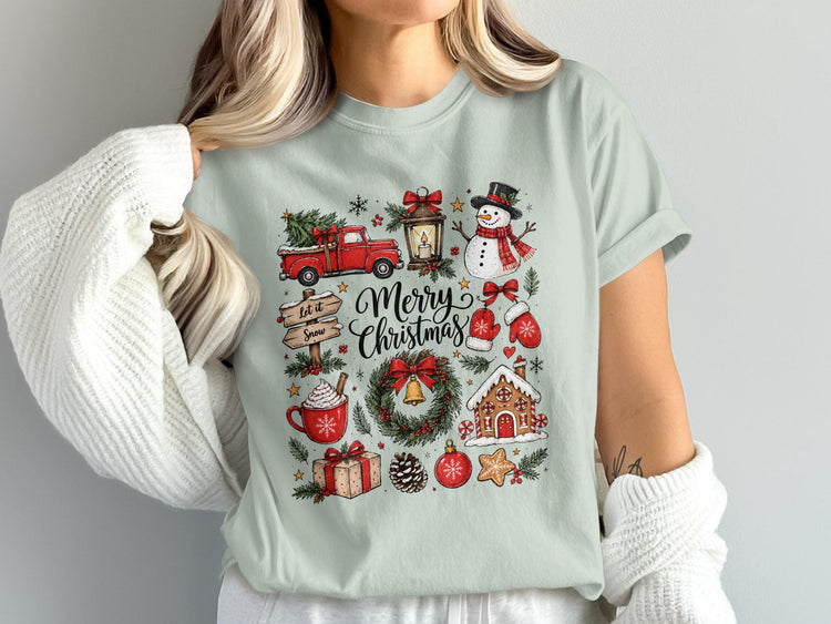 Light green t-shirt with a "Merry Christmas" design featuring a red truck and snowman.