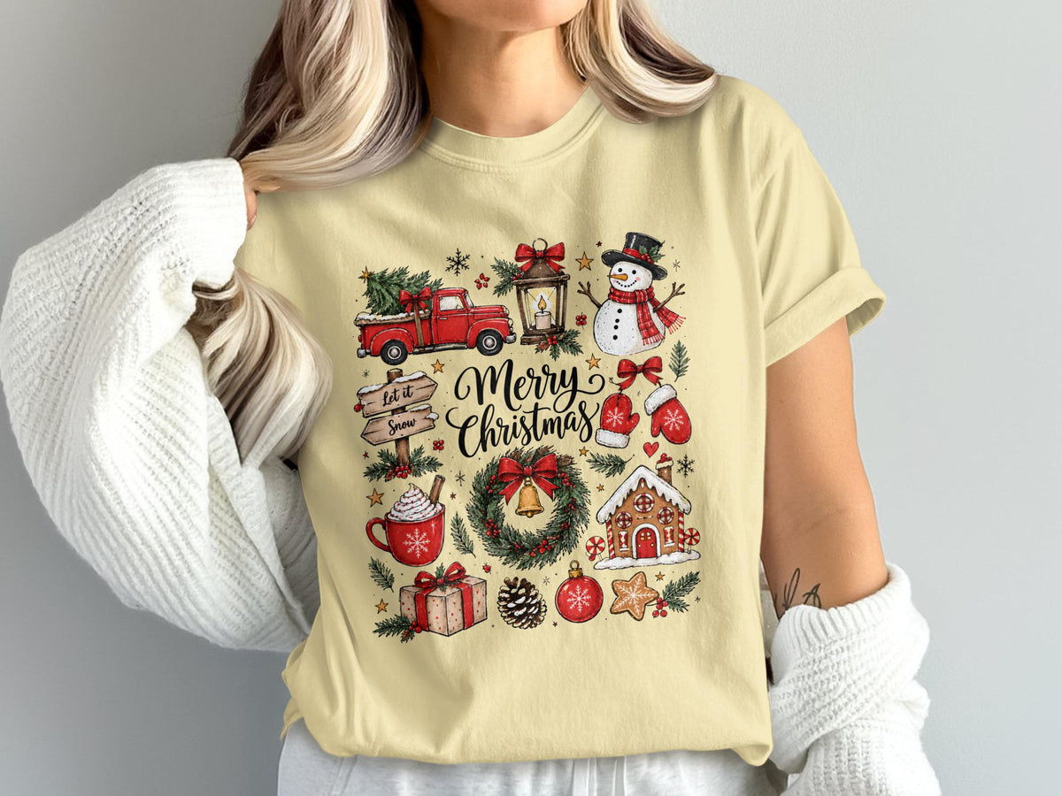 Yellow t-shirt with a collage of Christmas elements including "Merry Christmas" text.