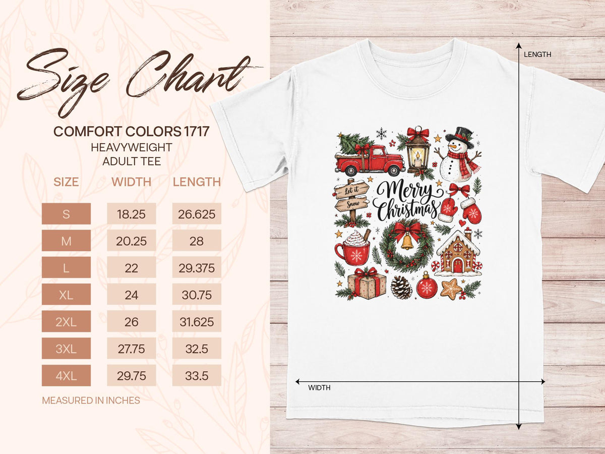 Comfort Colors 1717 Heavyweight Adult Tee size chart with Christmas graphic.