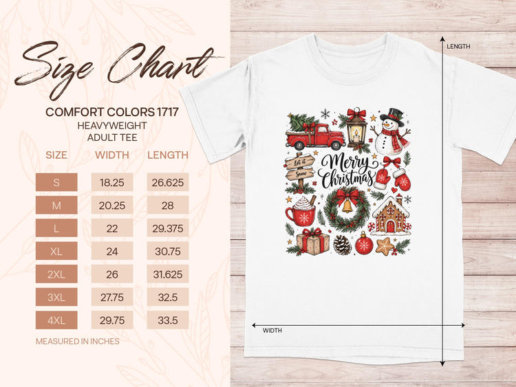 Comfort Colors 1717 Heavyweight Adult Tee size chart with Christmas graphic.