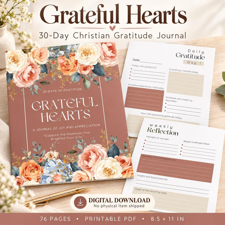 Christian Gratitude Journal Printable, 30-Day Grateful Hearts Prompts, Thankful Faith Journal PDF