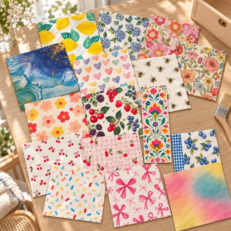 Colorful Floral Fruit Napkins for Crafts, Decoupage, Junk Journals (Set of 16)