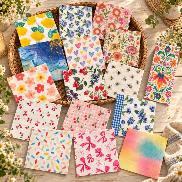 Colorful Floral Fruit Napkins for Crafts, Decoupage, Junk Journals (Set of 16)