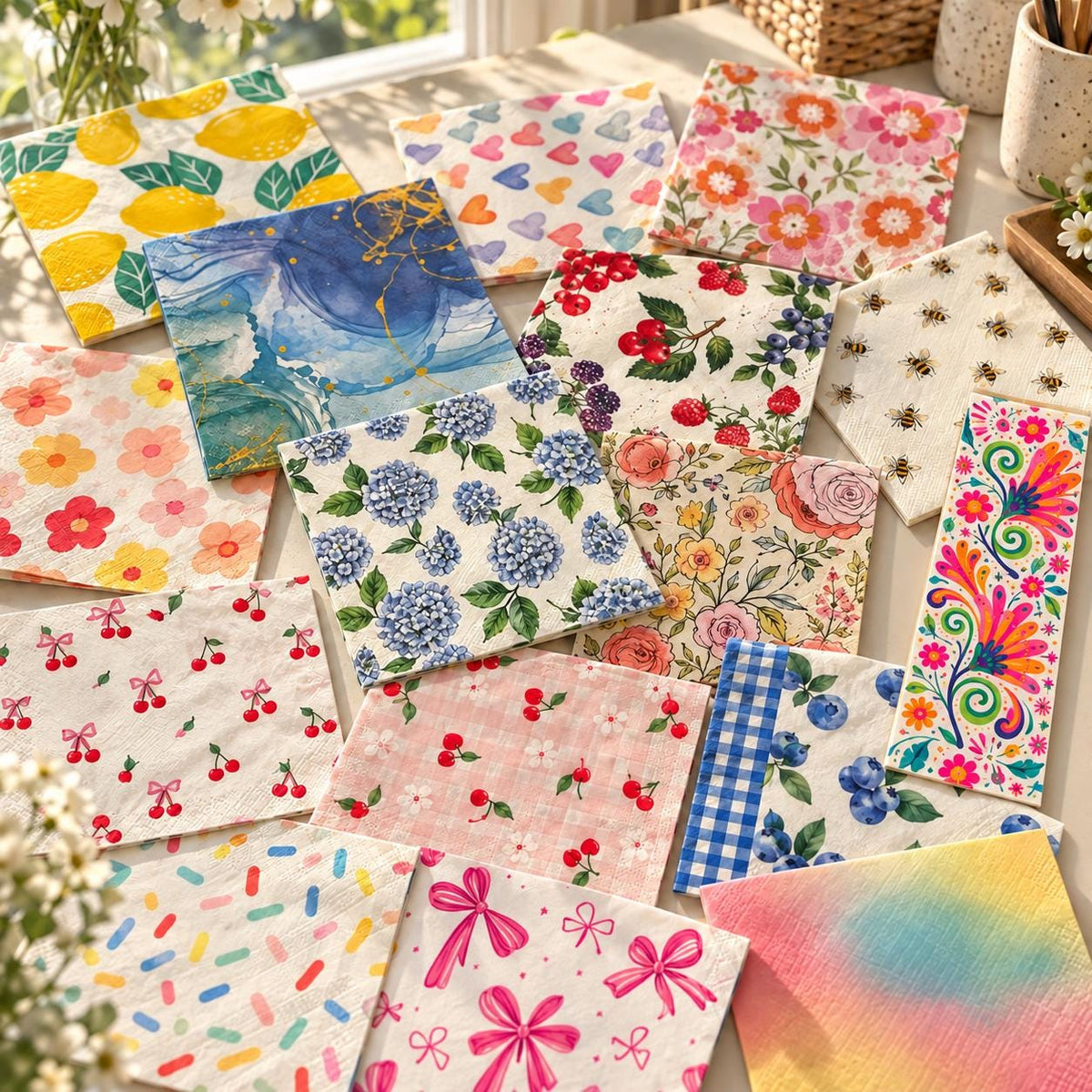 Colorful Floral Fruit Napkins for Crafts, Decoupage, Junk Journals (Set of 16)