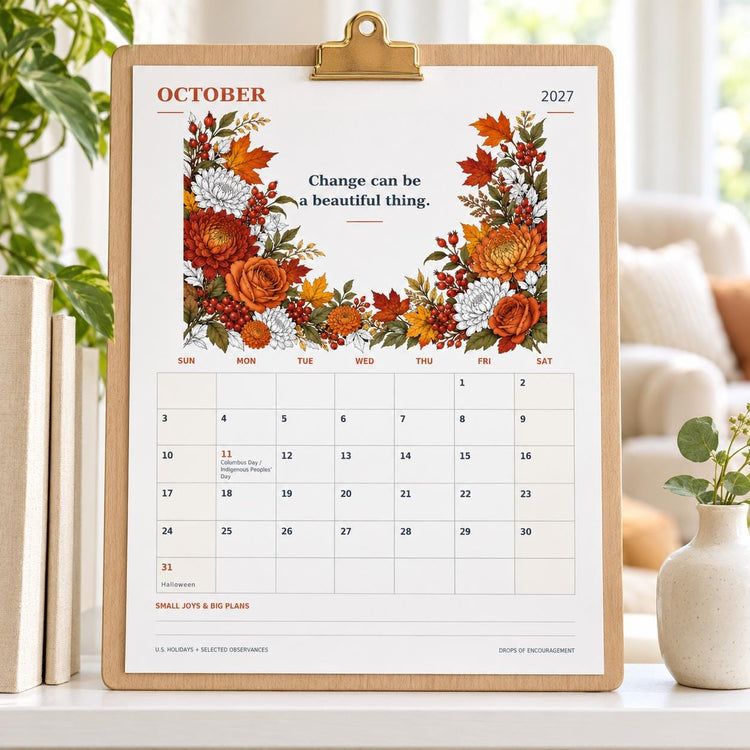 2027 Floral Wall Calendar, Botanical Illustrations, Motivational Messages (Digital Download)