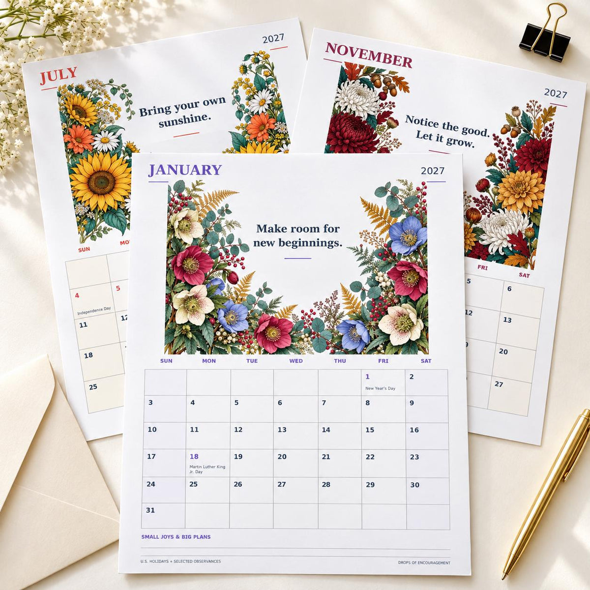 2027 Floral Wall Calendar, Botanical Illustrations, Motivational Messages (Digital Download)