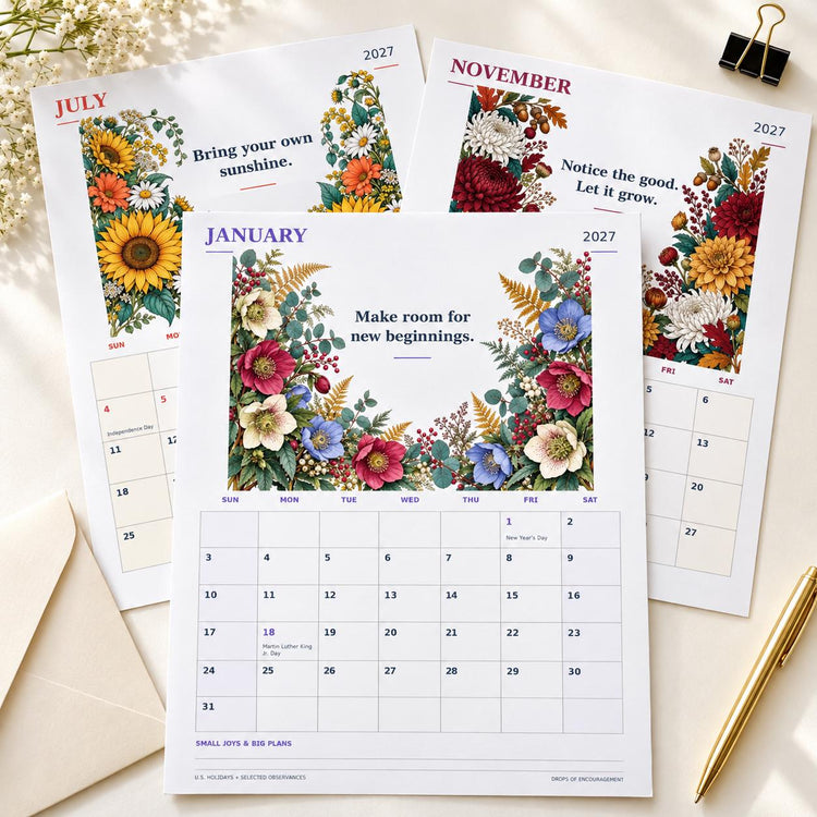2027 Floral Wall Calendar, Botanical Illustrations, Motivational Messages (Digital Download)